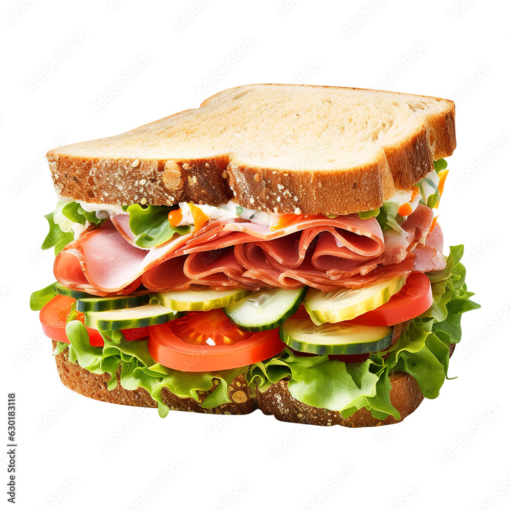 sandwich with ham and vegetables isolated on a transparent background, created with Generative AI sandwich with ham and vegetables isolated on a transparent background, created with Generative AI
