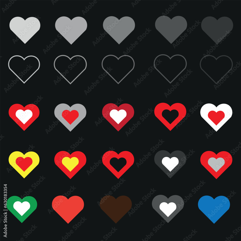 Red Heart Shapes on Black Background. Love symbols. Flat Heart Silhouettes Vector. icons. Vector illustration Design Elements Set. Red Heart Shapes on Black Background. Love symbols. Flat Heart Silhouettes Vector. icons. Vector illustration Design Elements Set.