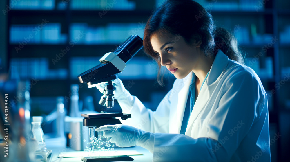 A female scientist using microscope in laboratory. Generative AI. A female scientist using microscope in laboratory. Generative AI.