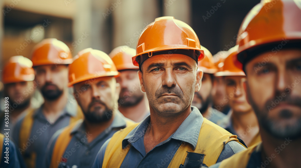 A group of construction team, Construction workers in vests and in hard hats for safety. USA Labor Day celebration. Generative AI. A group of construction team, Construction workers in vests and in hard hats for safety. USA Labor Day celebration. Generative AI.