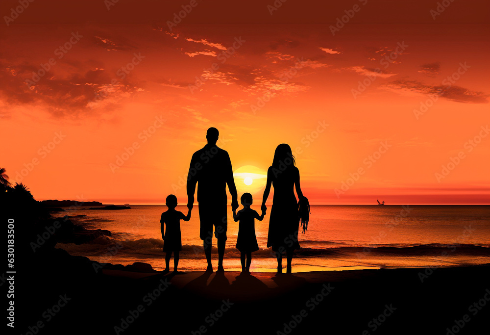 Family silhouette standing at the beach sunset, father, mother, daughter, walk, have fun at beautiful beach. Generative AI.