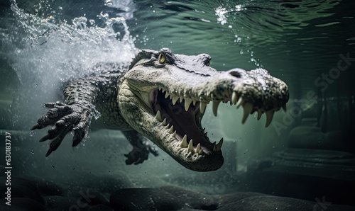 The crocodile gracefully dove into the water, captured in a stunning underwater photograph.