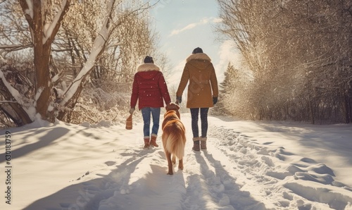 The couple walked hand in hand, their golden retriever bounding happily through the snow.