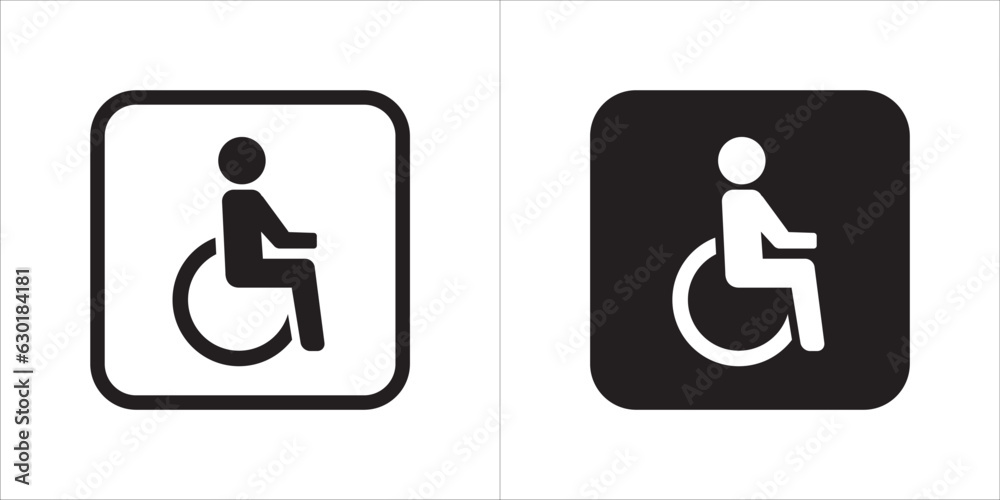 Disability privilege restroom vector icon. Water closet sign. WC symbol. In square shape signs vector illustration. Black and white color Disability privilege restroom vector icon. Water closet sign. WC symbol. In square shape signs vector illustration. Black and white color