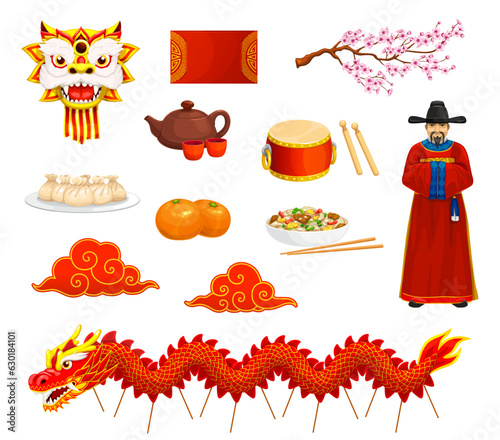 Cartoon Chinese new lunar year characters and items, China holiday vector symbols. Chinese lunar new year decorations and celebration items of dragon mask, mandarine, dumplings food, drum and clouds