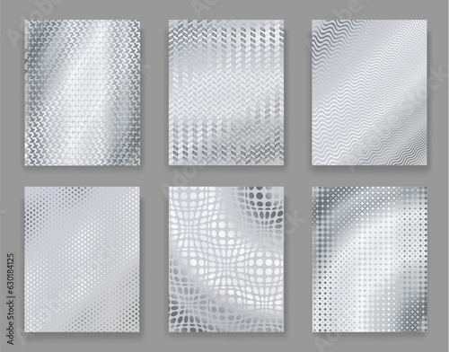 Silver foil background posters, shine geometric pattern. Vector paper pieces with shimmering reflective surface and luxurious metallic finish. Isolated sheets with captivating and eye-catching effect