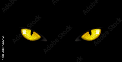 Fototapete Black panther eyes background, wild cat animal face in night, vector yellow eyeballs in dark