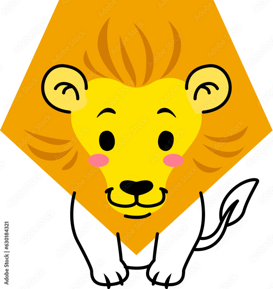 Cartoon lion animal character with math shape, vector kids education. Basic geometry and mathematics personage of cute african safari lion cat with head, face and mane in shape of yellow pentagon Cartoon lion animal character with math shape, vector kids education. Basic geometry and mathematics personage of cute african safari lion cat with head, face and mane in shape of yellow pentagon