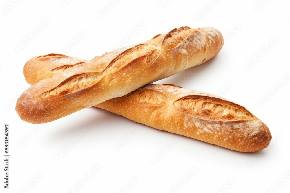 Two French baguette breads isolated on white background. Generative AI image