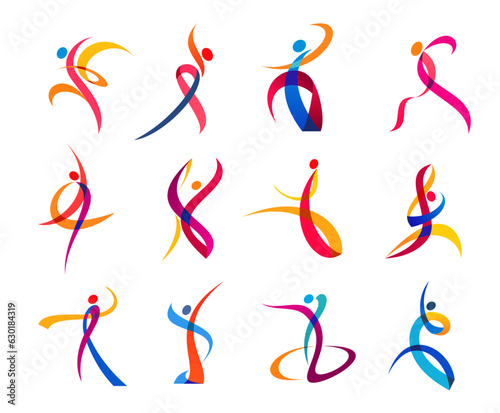 Dance movement, sport and yoga people icons, vector body silhouettes in fitness exercise. Gym, wellness studio and athletic training symbols of people body in color curve ribbon lines in sport dance