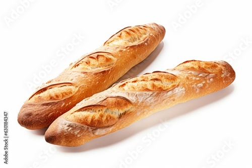Two French baguette breads isolated on white background. Generative AI image