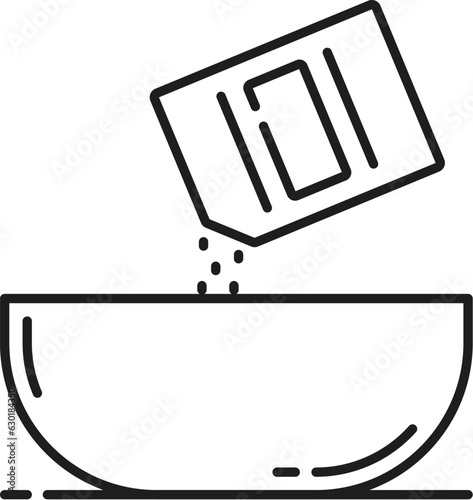 Baking soda ingredient icon, bakery product, cooking filling baking dish, home bakery and pastry food in plate outline icon. Vector dough in bowl
