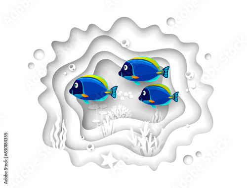 Underwater sea paper cut landscape with tropical fish shoal, ocean or undersea vector background. Papercut coral reef with tropical fish, starfish and seaweeds in underwater world in paper cut layers