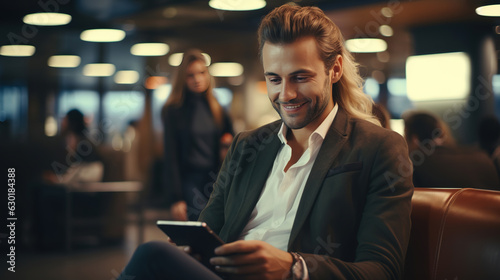 Smiling Business people Uses Digital Tablet Computer for e-Business. Traveling Entrepreneur Work Online, Sitting in Boarding Lounge of Airline Hub, Airport Terminal Flight Waiting concept