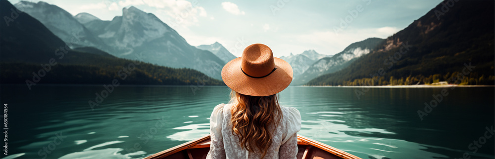 Picturesque river and mountain views, and woman wearing a hat sitting on a boat on the river. Generative AI.