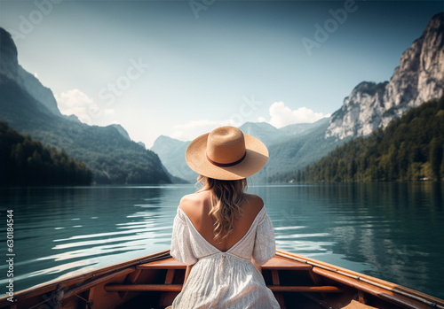 Picturesque river and mountain views, and woman wearing a hat sitting on a boat on the river. Generative AI.