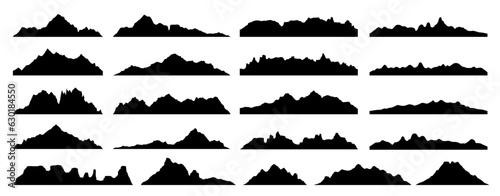 Black rock hill and mountain silhouettes of rocky landscape shapes, vector mount peak icons. Mountain rocks or canyon range and valley hills silhouette for hiking, camping or climbing sport and travel