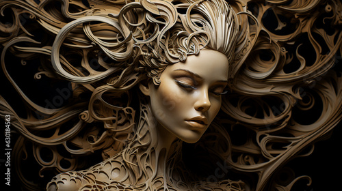 The art of woodcarving, carved image of a woman's face. picture of art design. Generative AI.