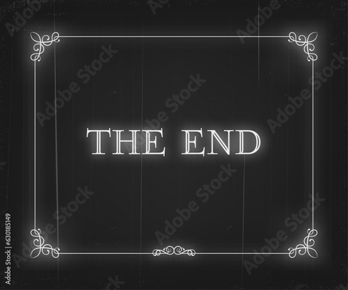 Silent movie cinema film end screen in vintage floral borders, vector background. Hollywood cinema and retro movie theater The End screen with flourish frame and grunge black film scratch lines