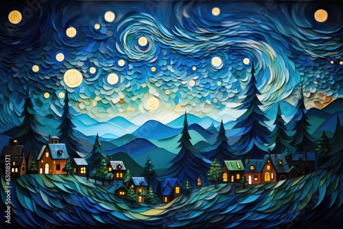 Starry night sky over a village artwork. Impressionist painting swirls abstract. 