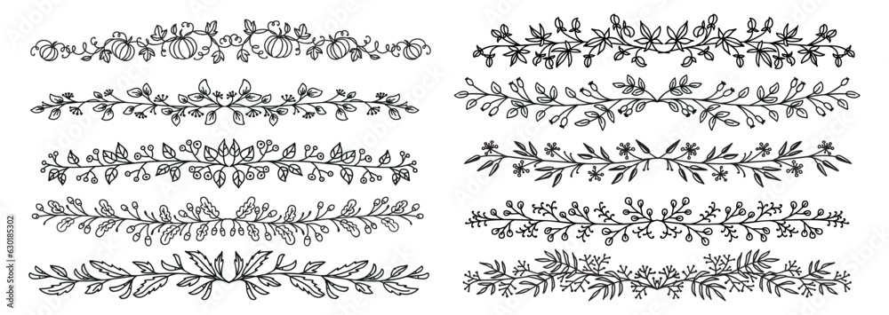 Obraz premium Floral autumn wedding dividers, flourish vignettes, separators, borders and delimiters. Vector line floral dividers set with hand drawn ornaments of flower vines, leaf branches, garden plant garlands
