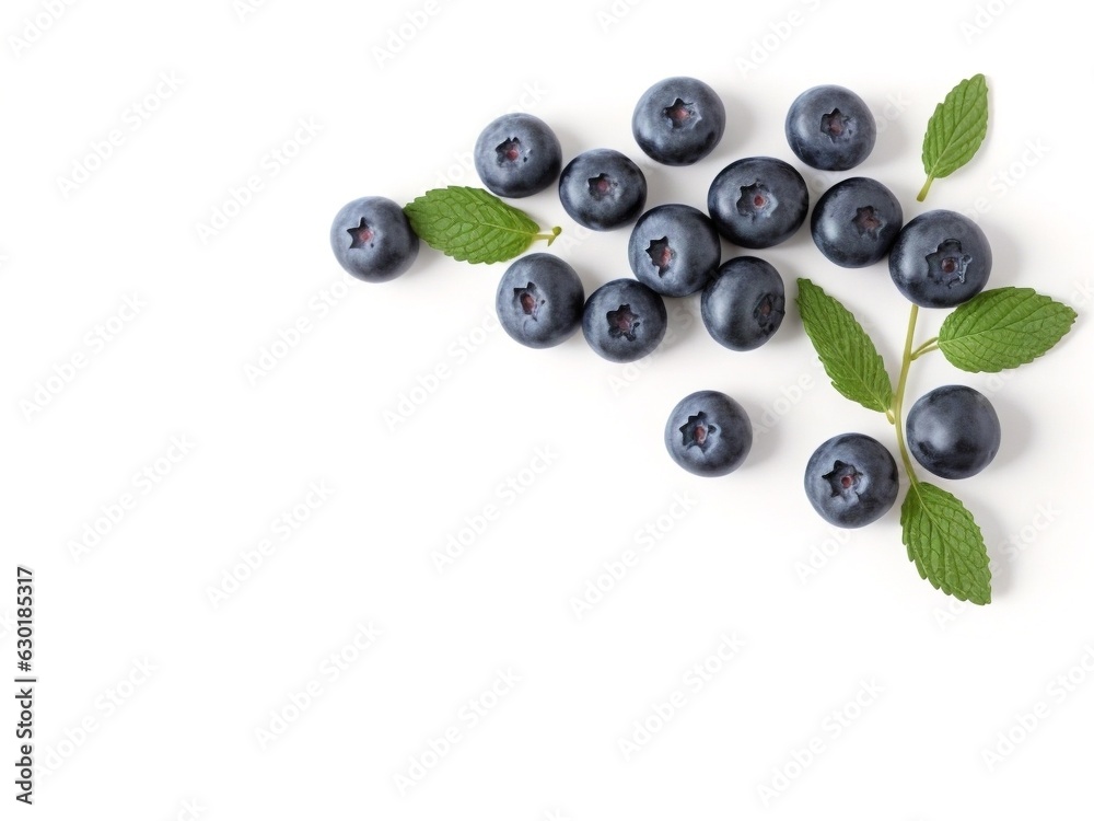 Blueberry fruit top view isolated on a white background, flat lay overhead layout with mint leaf Blueberry fruit top view isolated on a white background, flat lay overhead layout with mint leaf