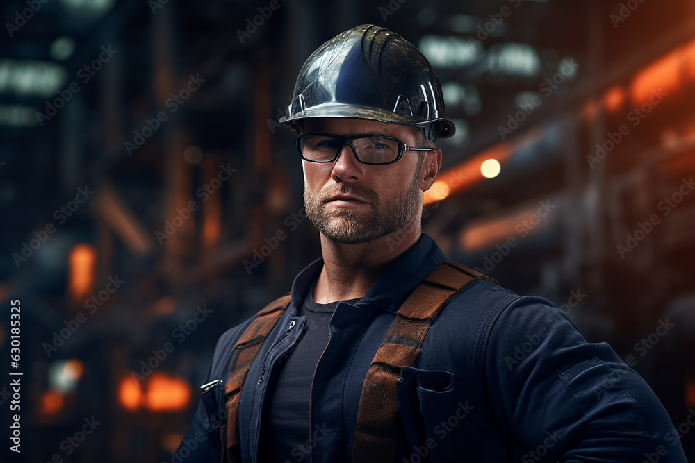 Professional engineer worker wearing uniform in a factory. Generative AI Professional engineer worker wearing uniform in a factory. Generative AI