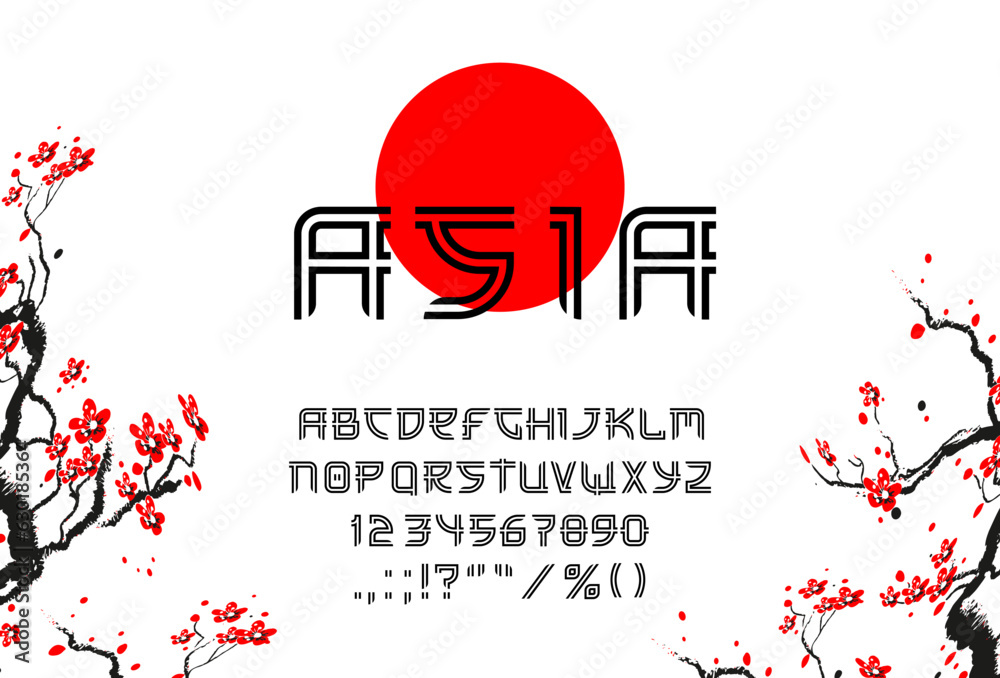 Asian font, Japanese type or hieroglyph typeface, vector oriental