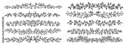 Floral autumn wedding dividers, flourish vignettes, separators, borders and delimiters. Vector line floral dividers set with hand drawn ornaments of flower vines, leaf branches, garden plant garlands