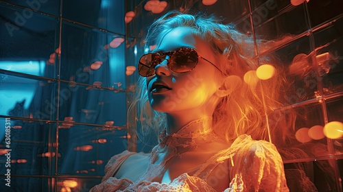 Futuristic fashion model in sunglasses. Abstract neon android art. Album cover concept.