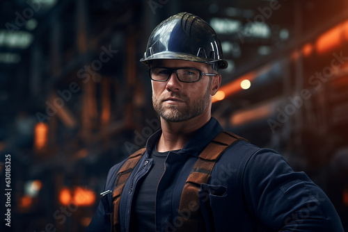 Professional engineer worker wearing uniform in a factory. Generative AI © Slepitssskaya