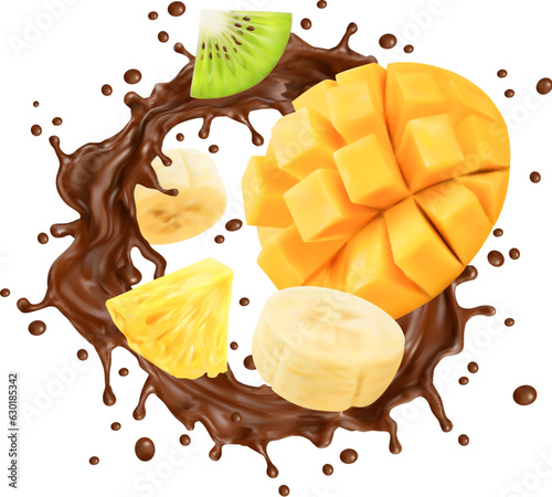 Realistic chocolate milk flow splash with fruits, choco drink, sweet yogurt or ice cream vector background. Mango, banana, pineapple and kiwi tropical fruits in milk chocolate splash twirl with drops