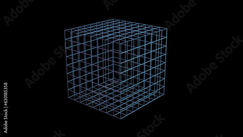 Compactification of extra dimensions. Wireframe cube imploding into a singularity. Space-time shrinking into single point. Gravity causing implosion of space, time, universe. 3d render illustration photo