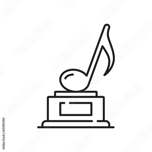 Trophy, music award line icon of winner prize, vector music note symbol. Best singer or musical ceremony award for song or number one single, sound clef note trophy on pedestal in thin outline icon