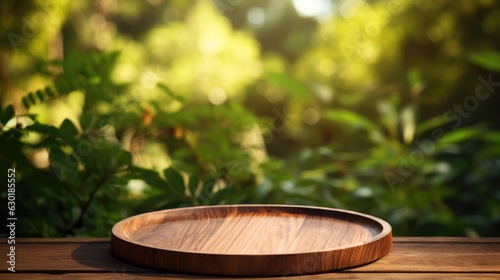 Empty wooden table over blurred green nature park background  product display  Empty wood table and defocused bokeh and blur background of garden trees with sunlight. product display template.
