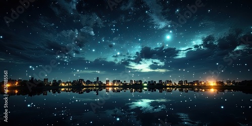 Night sky over the sea. Abstract ocean views with starry galaxy skies in blue.