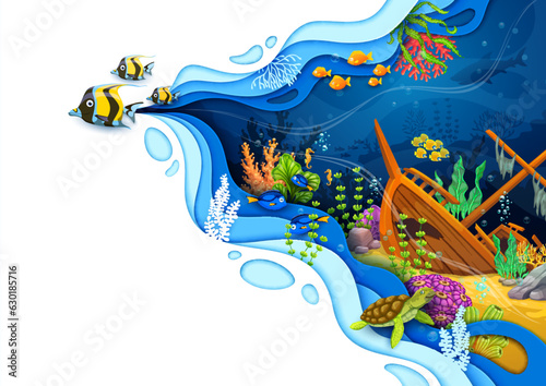 Cartoon sea paper cut underwater landscape with sunken ship, fishes and seaweeds, turtle and hippocampus featured in colorful papercut dimensional whimsical scene. 3d vector water depth in wavy frame