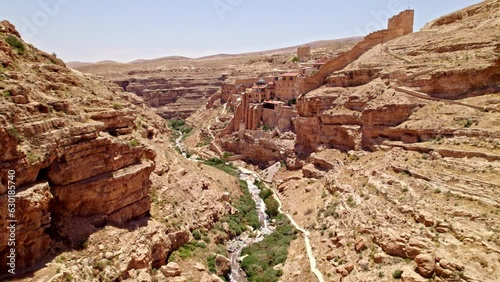 Drone shot of the Mar Saba Monastery and river photo
