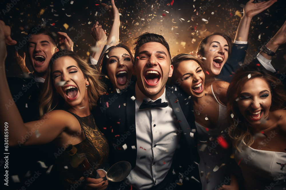 Happy smiling people have fun at a New Year's Eve party. Happy smiling people have fun at a New Year's Eve party.