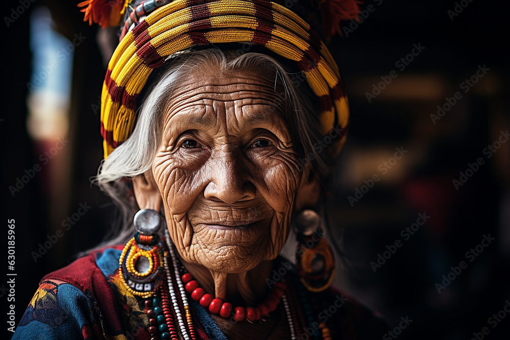 Portrait of a South American elderly woman in a traditional costume. Generative AI