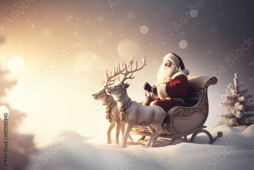 Merry Christmas holiday vacation winter background greeting card - Santa Claus sitting on Christmas sleigh, with reindeer, snowflakes and sun bokeh light © Kien