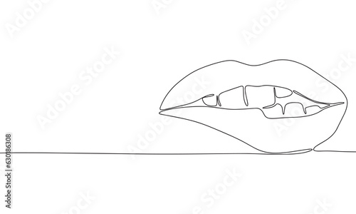 Bite lip one line continuous. Line art concept lips banner. Outline vector illustration.