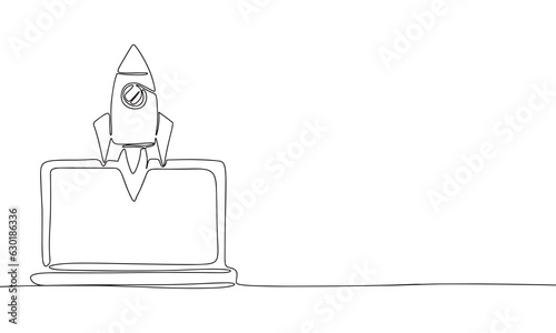 Rocket from laptop one line continuous. Line art concept business banner. Outline vector illustration.
