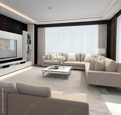 living room with a couch, a television and wall and lamp and table and charis and plant