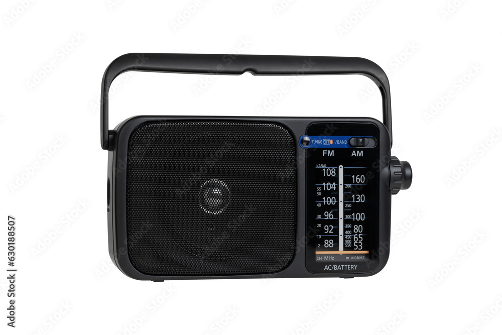 Radio receiver on a white background. Black portable wireless radio close-up isolated on a white background.
