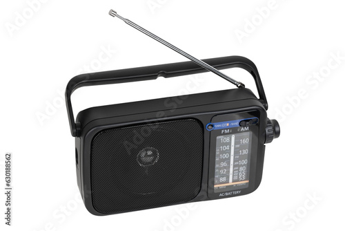 Radio receiver on a white background. Black portable wireless radio close-up isolated on a white background.