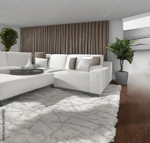 living room with a couch, a television and wall and lamp and table and charis and plant photo