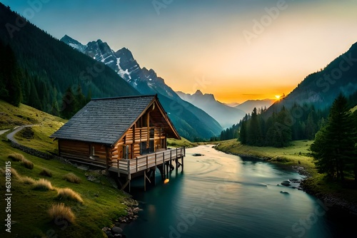 A wooden house overlooking the mountains.AI generated © Ammad
