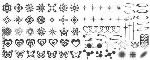 Y2k icons. Retro graphic elements for design. Modern rave symbols. Abstract geometric stars sparkles and futuristic shapes. Vector set of hearts  butterflies and planets stickers.