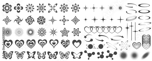Y2k icons. Retro graphic elements for design. Modern rave symbols. Abstract geometric stars sparkles and futuristic shapes. Vector set of hearts, butterflies and planets stickers.